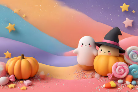 Halloween ghost and pumpkin characters stand surrounded by colorful candies and sparkling stars on a sweet pastel background.の素材
