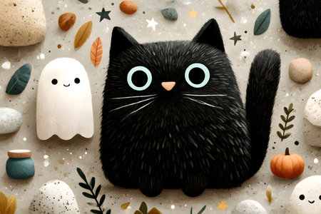 A charming black cat and a happy white ghost enjoy the festive Halloween atmosphere surrounded by whimsical small pumpkins and natural elements.の素材