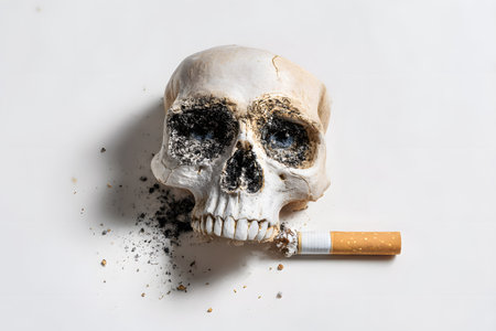A skull with burnt eyes and a cigarette in its mouth symbolizes the grave dangers and fatal health consequences of tobacco smoking, promoting awareness.の素材