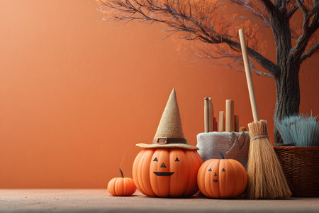 Cheerful orange pumpkins, one with a witch hat, and a broom stand together as a festive Halloween decoration in an autumn setting.の素材