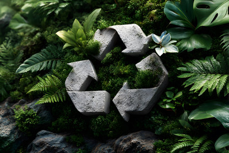A natural stone recycle symbol emerges from lush green plants and vibrant moss, illustrating a vital message of ecological sustainability.の素材