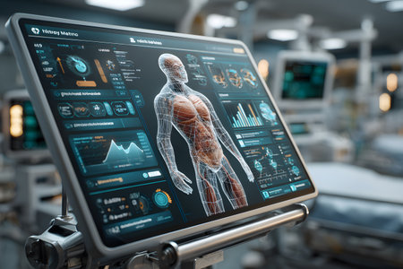 A cyber health technology screen presents a detailed human anatomy with real time medical data, enabling advanced digital diagnostics.の素材