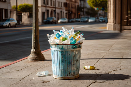 Plastic bottles overflow from a street bin and litter the ground, showing how plastic harms the world environment.の素材
