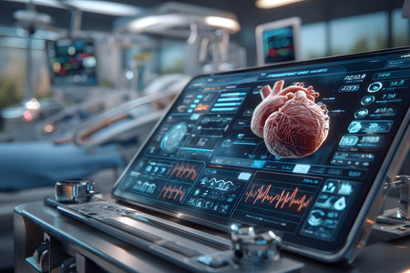 A large display screen showcases a detailed virtual heart and crucial health data, embodying advanced cyber medical technology.の素材