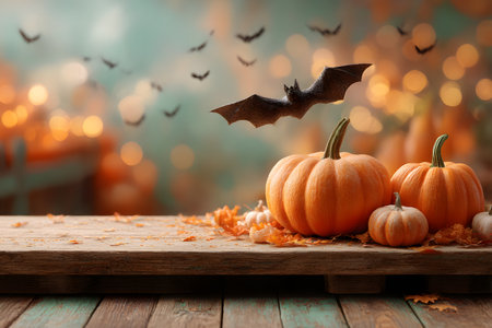 Halloween pumpkins and autumn leaves rest on a rustic wooden table under a flying bat with soft bokeh lights creating a festive spooky atmosphere.の素材