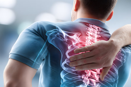 A person experiences intense back pain, touching their lower spine area with a vivid red glow indicating severe discomfort and aching.の素材