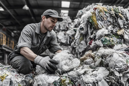 A person actively processes mountains of sorted plastic waste inside a large industrial building, preparing materials for future recycling and reuse.の素材