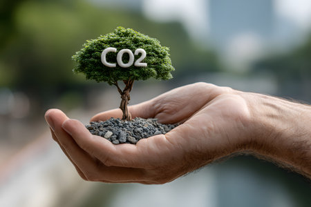 A hand gently supports a small green tree with CO2, symbolizing environmental care and a sustainable solution for the planet&#39;s global warming challenge.の素材