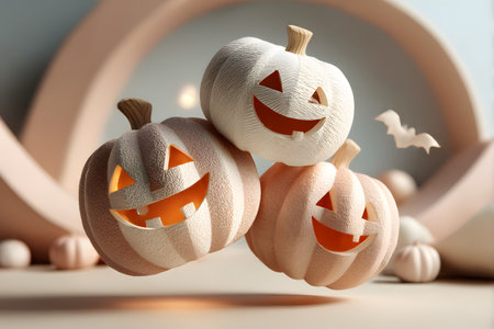 Three elegant Halloween pumpkins with beautifully carved smiling faces illuminate the scene, stacked and floating gently for seasonal charm.の素材