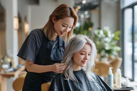 A barber performs a detailed hair styling service on a happy client inside a well lit modern salon.の素材