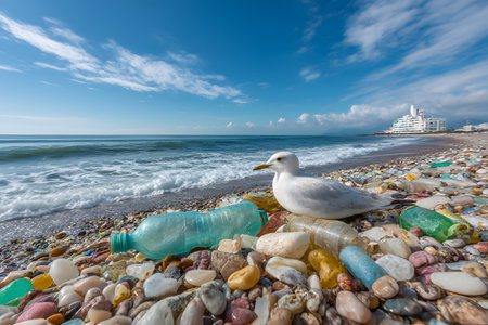 A lone seagull rests on a coastal beach, surrounded by abundant plastic debris and ocean litter, demonstrating plastic&#39;s harm to the natural world.の素材