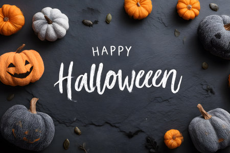 Happy Halloween text celebrates the season surrounded by a festive display of diverse pumpkins and autumn decorations on a dark textured background.の素材