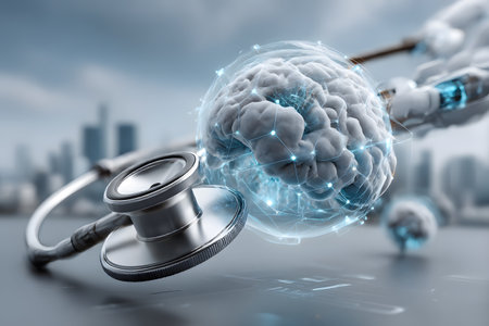 Advanced medical technology concept with a robotic arm interacting with a brain model, featuring cyber health data and a stethoscope.の素材