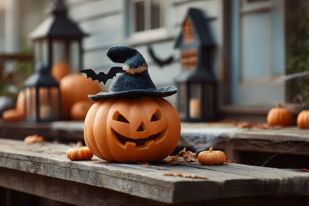 A decorated Halloween jack-o'-lantern pumpkin, wearing a witch hat and bat, rests on a rustic wooden porch with fall leaves.の素材