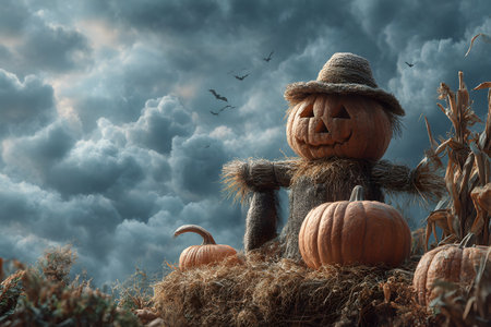An eerie pumpkin scarecrow stands among hay and gourds, watching as bats fly beneath dark clouds on a spooky Halloween evening.の素材