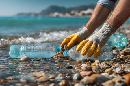 Hands in gloves collect plastic bottles from the water&#39;s edge. This action helps clean the world, protecting it from plastic harm.の素材