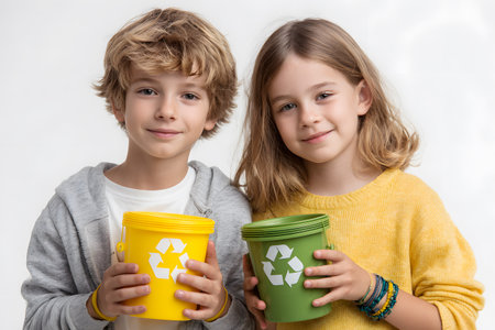 Children proudly hold bright recycling bins with the recycle symbol, actively participating in efforts to protect our environment and manage waste.の素材