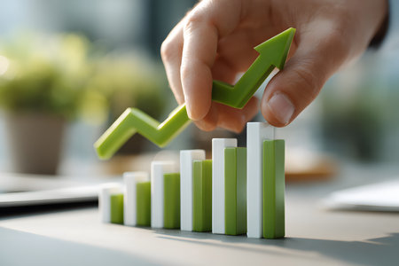 A hand carefully places a vibrant green arrow pointing upwards onto a rising bar chart, representing successful business growth strategy.の素材