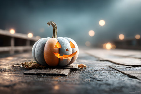 A glowing Halloween pumpkin sits on a wooden surface at night, displaying two distinct colors with mysterious lights in the misty background.の素材