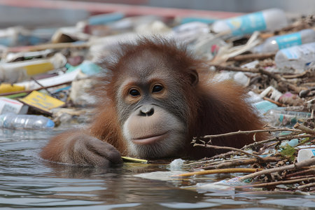 A young orangutan looks from the polluted water, its habitat surrounded by discarded plastic waste, showing how plastic harms the world.の素材