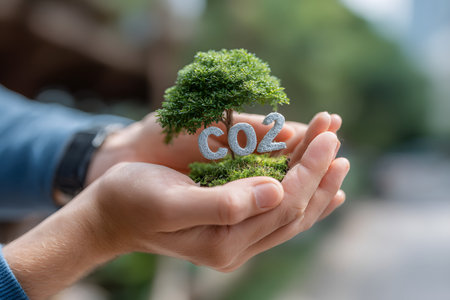 Hands gently cradle a miniature tree with CO2 symbols, illustrating the urgent need to address global warming and promote environmental protection for Earth&#39;s future.の素材