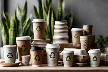 Many eco friendly recyclable packaging items like paper cups and various containers prominently feature green recycling symbols, promoting environmental awareness.の素材