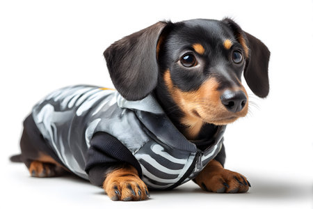 A cute little dachshund puppy is wearing a fun skeleton costume while lying down on a clean white background for Halloween.の素材