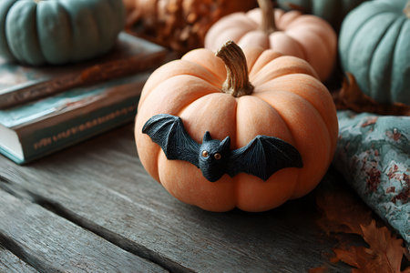 An orange pumpkin featuring a black bat rests on rustic wooden planks surrounded by other small pumpkins and vibrant fall leaves.の素材