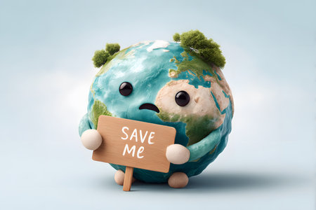 Sad little Earth planet holds a brown wooden sign pleading &#39;save me&#39;, symbolizing an urgent need for global environmental action.の素材