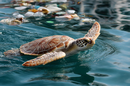 A marine turtle swims near the surface of water polluted by plastic debris, illustrating the world's environmental harm.の素材