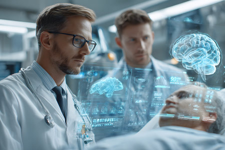 A medical professional intently observes patient health data through advanced cyber technology on a futuristic holographic display, enabling precise analysis.の素材