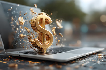 A glistening golden dollar symbol erupts from a modern laptop, illustrating the concept of digital money and future electronic finance.の素材