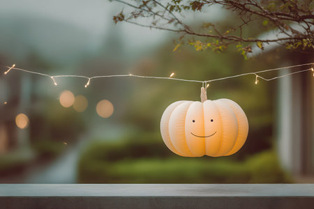 A happy Halloween pumpkin lantern hangs from glowing string lights outdoors at night. This festive decoration adds a warm glow to the autumn evening.の素材