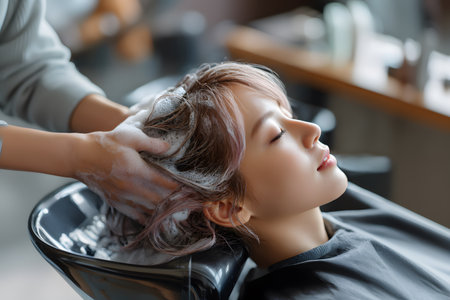 A person receives a relaxing hair wash treatment at a salon, with hands gently shampooing the head in a modern basin.の素材