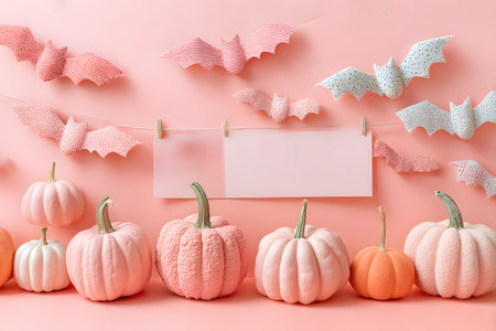 Pink and white pumpkins sit below playful bats hanging from a line, creating a soft Halloween background with room for text.の素材