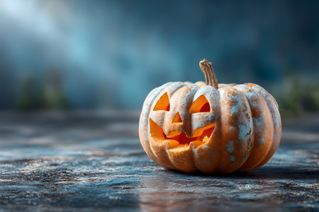 This Halloween, a carved pumpkin with a spooky face sits on a dark surface, casting an orange glow in the mysterious night.の素材