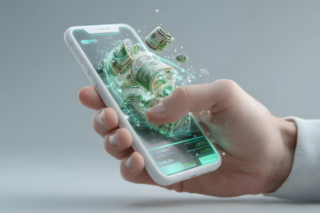 Digital money emerges from a smartphone screen, illustrating the concept of electronic currency and modern mobile financial transactions.の素材
