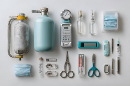 Various health technology instruments and cyber medical devices are clearly presented, showing the future of digital health care.の素材