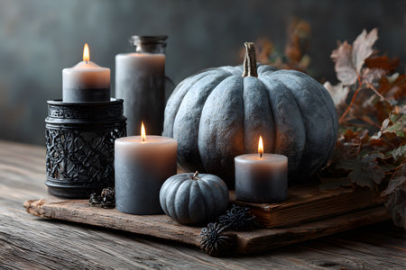 An elegant Halloween display features various grey pumpkins and warm glowing candles resting on an antique book, creating a cozy autumn atmosphere.の素材