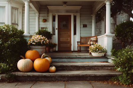 Vibrant pumpkins beautifully adorn the welcoming front porch of a charming house, perfectly set for the festive Halloween season.の素材