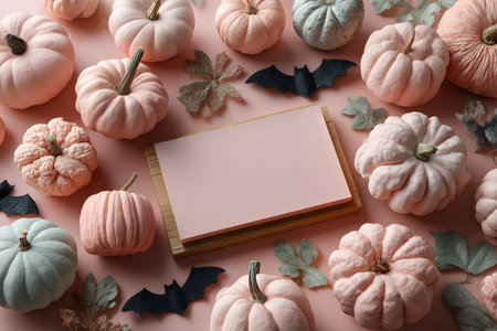 Pink and blue pumpkins are arranged with black bats and shiny leaves for a festive Halloween display on a soft background.の素材