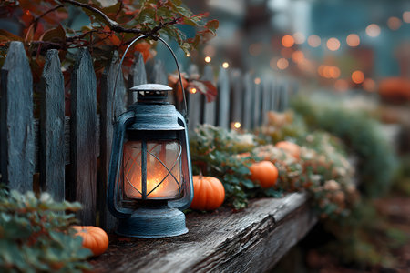 A glowing lantern sits on an old wooden bench, surrounded by orange pumpkins and colorful autumn leaves, capturing the spirit of Halloween.の素材