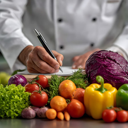 Vibrant healthy food vegetables and fresh fruits are ready for a recipe plan as a pen notes important details.の素材