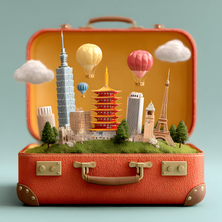 An open travel suitcase reveals a detailed miniature world of famous global landmarks and hot air balloons, symbolizing exciting journeys.の素材