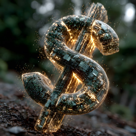 A vibrant dollar sign, formed from intricate glowing digital circuits, rises from the natural earth, powerfully symbolizing the evolution of digital money.の素材