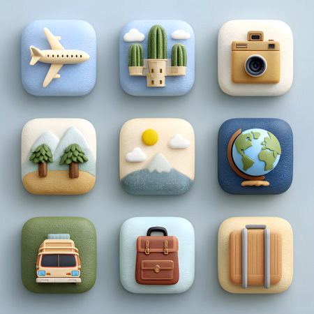 These delightful fluffy icons represent many travel adventures, featuring airplanes, cameras, globes, mountains, and luggage for your trip.の素材