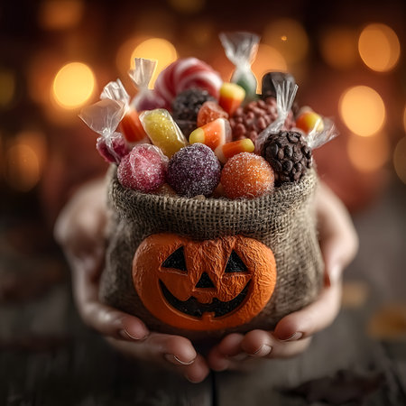 A burlap bag featuring a smiling pumpkin, brimming with assorted Halloween candies, is carefully presented as a delightful trick or treat offering.の素材
