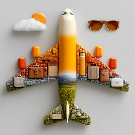 Conceptual airplane image built from travel accessories and luggage, illustrating the complete journey experience for an amazing vacation.の素材
