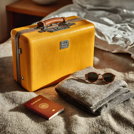 A vibrant yellow suitcase, a passport, and cool sunglasses sit neatly on a bed, prepared for an exciting global journey.の素材