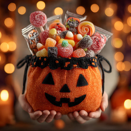 A festive Halloween pumpkin bag filled with colorful sweet candy treats is held by hands against a background of warm holiday lights.の素材